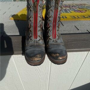 freebird Gray Leather Lace-Up Boots with Red Front Zipper